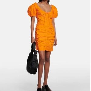 NWT GANNI Ruched Cotton Poplin Puff Sleeve Mini Dress In Vibrant Orange Size 34